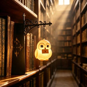 Peut inclure: Une lampe lumineuse en forme de hibou de couleur crème suspendue à un support mural en métal noir orné. Le hibou présente de grands yeux sombres et tient une petite enveloppe rectangulaire dans son bec. La lampe est fixée par une fine chaîne.
