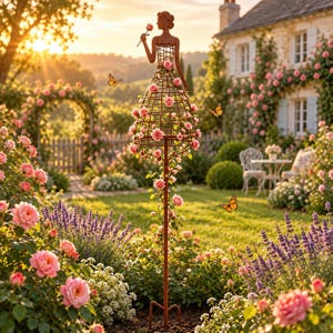Puede incluir: Un poste de jardín de metal color óxido con una escultura de alambre de una figura que lleva un vestido hecho de una jaula de alambre. El vestido está adornado con numerosas rosas rosadas y la figura sostiene una rosa rosada en una mano.