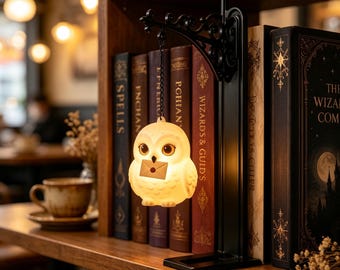 Veilleuse LED suspendue magique en forme d'animal, serre-livres en fer forgé orné, figurine hibou-cerf, décoration de coin lecture douillet, cadeau unique pour les amoureux des livres