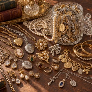 Puede incluir: Una colección de joyas de estilo vintage que incluye collares dorados y plateados con relicarios, colgantes de camafeo, hilos de perlas, pendientes de cristal, broches florales, anillos con piedras de colores, pulseras de dijes y un frasco de vidrio.