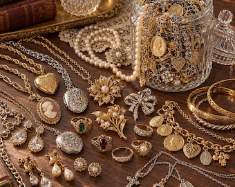 Caja misteriosa de joyería vintage, tarro sorpresa de joyería de oro y plata, collar, pendientes, anillo y pulsera con dije de perlas y cristal, regalo para ella, lotes retro