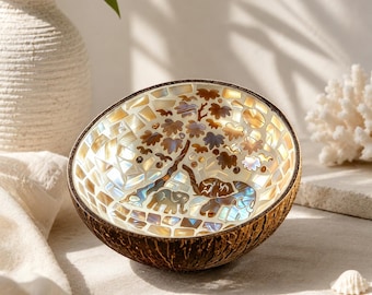 Handcrafted Coconut Shell Bowl with Mother of Pearl Mosaic, Boho Decorative Bowl, Natural Eco Friendly Serving Bowl, Coastal Home Decor Gift