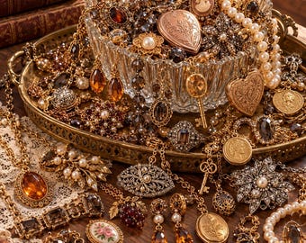 Caja misteriosa de joyería vintage, tarro sorpresa de joyería de oro y plata, collar, pendientes, anillo y pulsera con dije de perlas y cristal, regalo para ella, lotes retro
