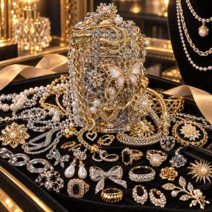 May include: A clear glass jar overflowing with gold and silver-toned jewelry, including necklaces, rings, and butterfly-shaped pins. The collection features faux pearls, clear crystals, and black stones, arranged on a black velvet display tray.