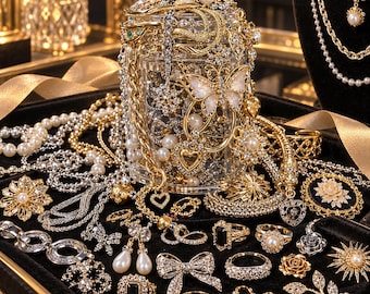 Puede incluir: Un frasco de vidrio transparente lleno de joyas doradas y plateadas, incluyendo collares, anillos y broches con forma de mariposa. La colección presenta perlas falsas, cristales transparentes y piedras negras sobre una bandeja de terciopelo.