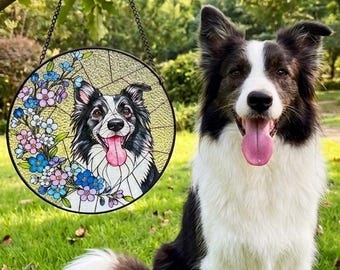 Custom Dog Cat Stained Glass Suncatcher, Personalized Birth Flower Art, Pet Loss Memorial Gift