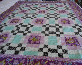 Purple, Aqua, and black QUILT TOP ONLY 50" x 70"