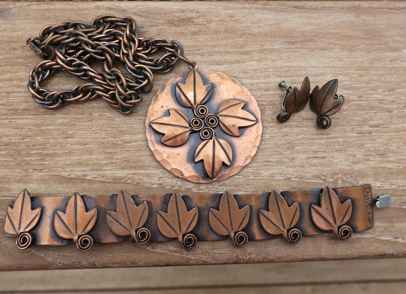 Vintage Rebajes Copper Leaf Pendant Bracelet and Earring Set Etsy