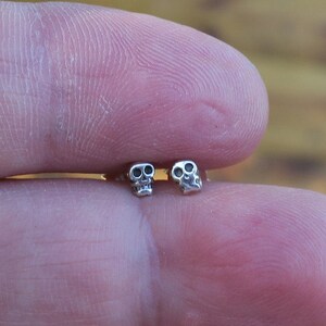 May include: A pair of small silver skull earrings. The skulls are detailed and have black eyes.