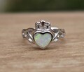 SALE Vintage 925 Sterling Silver and White Lab Opal Claddagh Ring