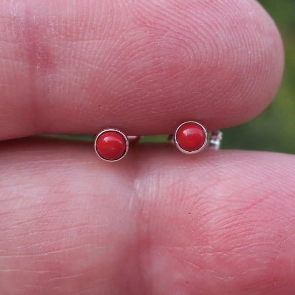 SALE Vintage 925 Sterling Silver 2mm Genuine Coral Stud Earrings