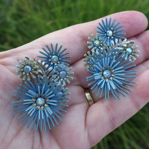 Vintage MCM Coro AB Rhinestone and Blue Plastic Flower Clip Earrings