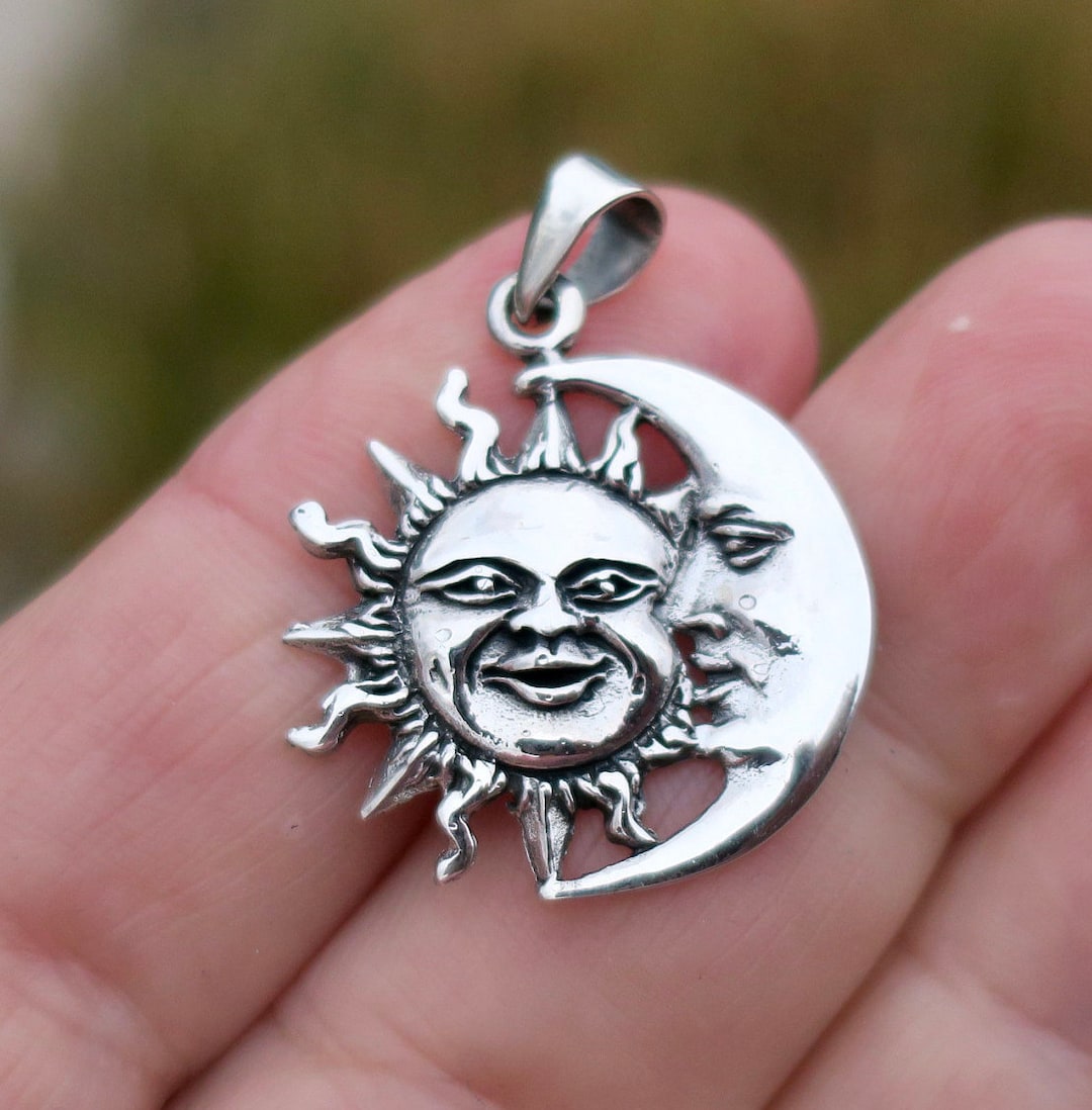925 Sterling Silver Sun and Crescent Moon Pendant - Etsy