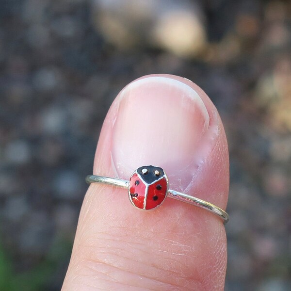 Cute Vintage 925 Sterling and Enamel Ladybug Stacking Ring