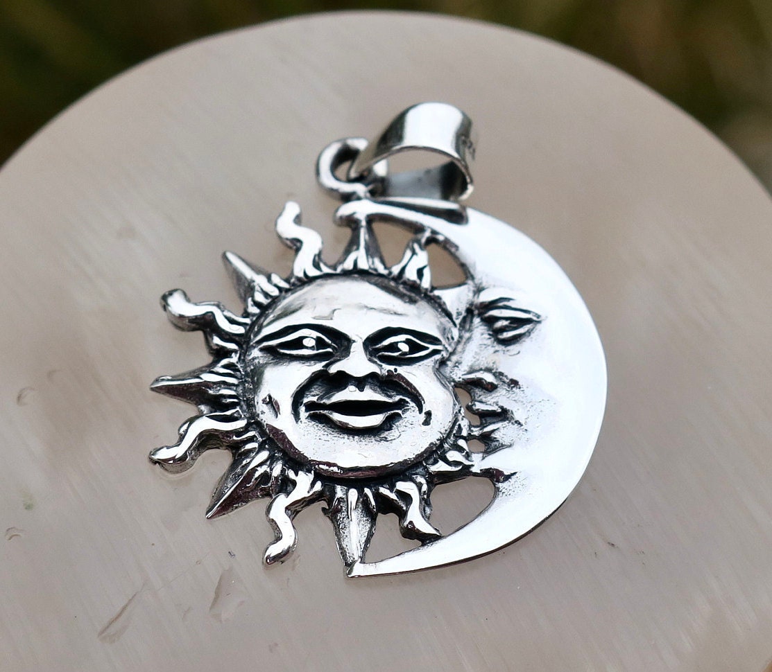 925 Sterling Silver Sun and Crescent Moon Pendant - Etsy