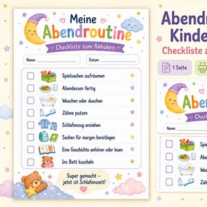 Peut inclure: Une liste de contrôle de routine du soir pour enfants à imprimer avec un croissant de lune jaune, des nuages bleus et des étoiles. Le document inclut des tâches comme ranger les jouets, dîner, se laver, se brosser les dents et lire, avec un ours.