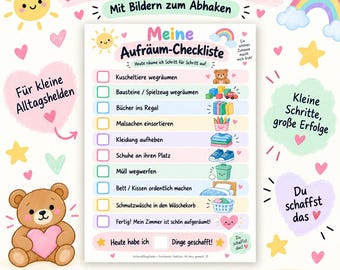 Könnte beinhalten: Eine bunte Aufräum-Checkliste für Kinder mit dem Titel Meine Aufräum-Checkliste. Sie enthält eine Aufgabenliste mit Kästchen zum Abhaken, illustrierten Symbolen für jede Tätigkeit, einer lächelnden Sonne, einem Regenbogen und einem Teddybären.