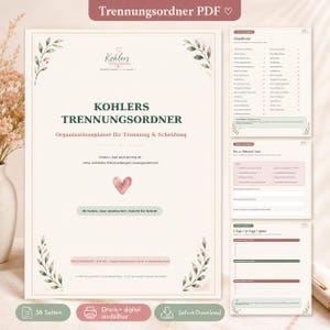 Può includere: Un pianificatore organizzativo in PDF di 36 pagine intitolato Kohlers Trennungsordner per la separazione e il divorzio. Il documento presenta uno sfondo color crema con testo verde, illustrazioni di foglie botaniche e un piccolo cuore rosa.