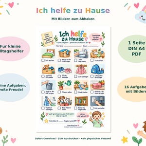 May include: A printable A4 chore chart titled Ich helfe zu Hause featuring sixteen illustrated tasks with checkboxes for children. The colorful design includes icons for activities like making the bed, washing dishes, and feeding pets, with a space for a name and date.