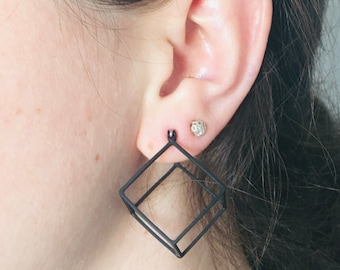 Black geometric square earrings, black earrings, quadrate black earrings, geometric cube earrings, black geometric earrings, 3D earrings