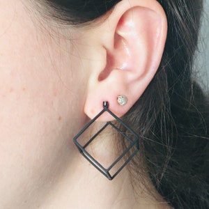 Black square earrings, black earrings, quadrate earrings, geometric cube earrings, black geometric earrings, 3D earrings, dangle earrings