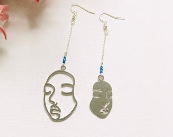 Picasso inspired earrings, face silhouette earrings, long faces earrings, face statement earrings, sterling earrings, mix and match earrings