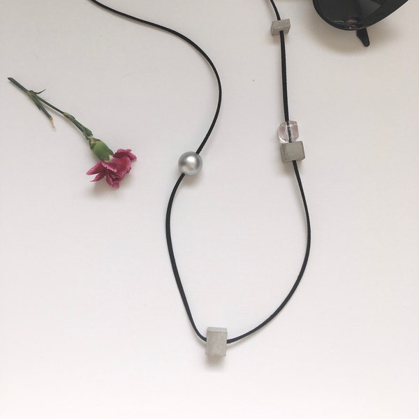 Geometric cement necklace, cubes necklace, simple design necklace, long concrete necklace, long concrete pendant, gray and black necklace