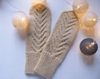 Knitted mittens/ Hand knitted brown gloves/ Beige wool mittens/ Knit mittens/ Wool mittens/ Beige wool mittens/ Women's gloves