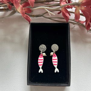 Pink earrings, fish earrings, stripped fish earrings, mermaid earrings, beach jewelry, ocean jewelry, Sardinia earrings, summer earrings