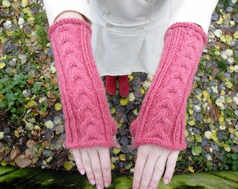 Pink fingerless glove, wool wrist warmers, fingerless mittens, long arm warmers, hand knit gloves, knit wool gloves, warm knitted gloves