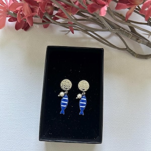 Fish earrings, stripped fish earrings, mermaid earrings, beach jewelry, ocean jewelry, blue and white earrings, Sardinia earrings