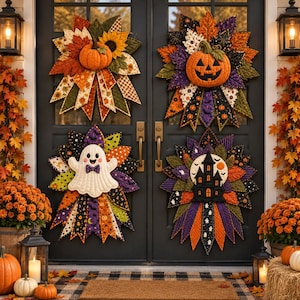 Kit de costura para hacer lazos acolchados extragrandes, paquete de tela para patchwork de calabazas de Halloween, kit de manualidades para coronas de otoño (kit sin terminar).