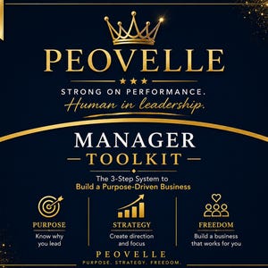 Puede incluir: Un gráfico digital azul oscuro con texto y detalles dorados. Presenta un icono de corona sobre la palabra PEOVELLE, seguida de MANAGER TOOLKIT. Incluye tres secciones etiquetadas como PURPOSE, STRATEGY y FREEDOM con iconos y texto descriptivo.