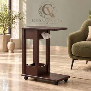 C Shaped Side Table for Couch, Rolling Sofa End Table, Walnut Bedside Table, Hidden Tissue Holder, 2 Tier Storage, Lockable Wheels