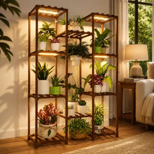 May include: A tall, multi-tiered wooden plant stand with integrated LED grow lights on several shelves. The structure features a grid-like frame holding various potted plants, including snake plants, ferns, and succulents in diverse containers.