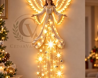 Celestial Angel Wall Light LED Christmas Decor Cascading Star Glow Warm Holiday Wall Hanging Figurine Indoor Home Accent Festive Display