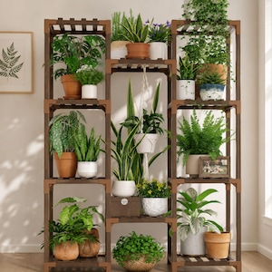 Puede incluir: Un soporte para plantas de varios niveles hecho de madera marrón oscura con conectores de esquina marrón claro, que presenta varias plantas de interior en macetas, incluyendo helechos, sansevierias e hiedra en macetas de cerámica y terracota.