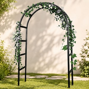 May include: A black metal garden arch featuring a rounded top and ladder-style side supports. The structure is decorated with artificial green ivy vines and small white flowers that drape along the frame, creating a decorative entryway.