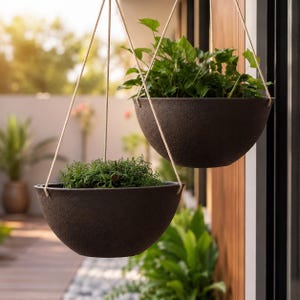 May include: Two dark brown, semi-spherical hanging planters with a textured, matte finish. Each bowl is suspended by three white braided ropes attached to the rim. The top planter contains a leafy green plant, while the lower one holds a dense, low-growing green plant.