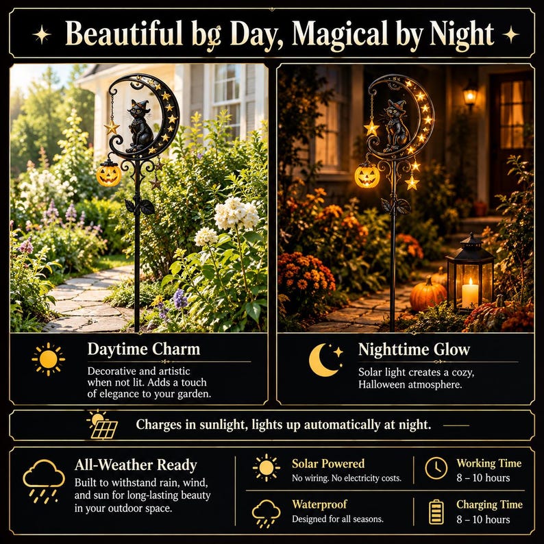 Może przedstawiać: Czarny metalowy palik ogrodowy z p&oacute;łksiężycem, kotem w kapeluszu czarownicy i wiszącą dynią. Tekst głosi: Beautiful by Day, Magical by Night, Daytime Charm, Nighttime Glow, Charges in sunlight, lights up automatically at night, All-Weather Ready, Solar Powered, Waterproof, Working Time 8-10 hours, Charging Time 8-10 hours.