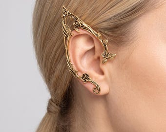 Par de pendientes élficos, pendientes de fantasía estilo Fairycore, accesorio élfico renacentista, joyería para LARP y cosplay, pendientes de enredaderas de oro y plata.