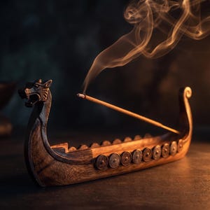 Pode incluir: Um suporte de incenso de madeira castanho-escuro em forma de navio viking. A proa apresenta uma cabeça de dragão esculpida e as laterais são decoradas com uma fila de escudos circulares. Um incenso aceso repousa no centro, emitindo fumo.