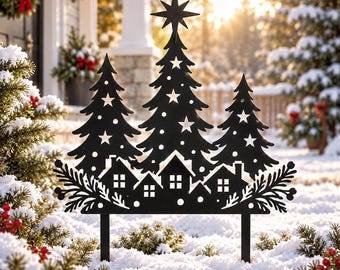 Estaca de jardín con diseño de pueblo de árboles de Navidad, adorno de metal para jardín en invierno, decoración exterior de bosque de pinos nevados, letrero de jardín para casa de vacaciones, adorno navideño rústico