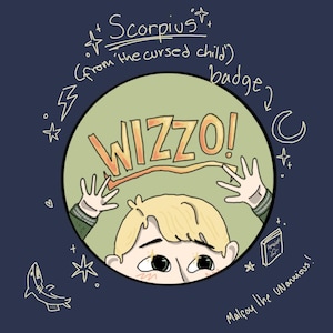 May include: A circular badge featuring a cartoon illustration of a blonde character with hands raised, positioned below the orange text WIZZO!. The design includes surrounding doodles of stars, a lightning bolt, a crescent moon, a shark, and a book.