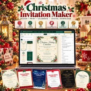 May include: A laptop displaying a Christmas Invitation Maker software interface with various holiday card templates, including options for 30 templates, 120 stickers, 68 fonts, 13 color palettes, and PDF print-ready files in 5x7 and 4x6 inch sizes.