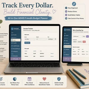 May include: A digital budget planner displayed on a laptop and tablet screen, featuring an income tracker and micro spending log. The interface includes sections for income, fixed bills, variable expenses, and subscriptions with a clean layout.