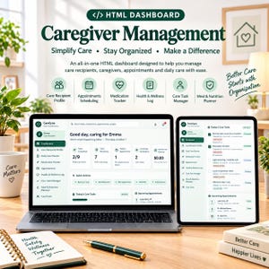 Pode incluir: Um portátil e um tablet exibem um painel HTML para gestão de cuidadores. O ecrã mostra o software CareSync com rastreadores de tarefas, consultas e medicamentos. Um caderno com o texto Health Safety Wellness Together está por perto.