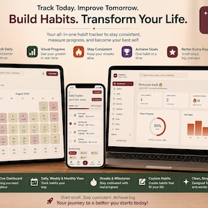 May include: A digital habit tracking application displayed on a tablet, smartphone, and laptop. The interface features a calendar view, daily progress charts, and goal-setting dashboards with text including Track Today, Improve Tomorrow, and Build Habits.