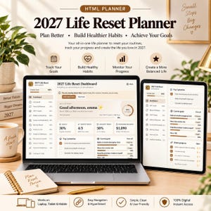 Pode incluir: Um planejador 2027 Life Reset exibido na tela de um laptop e tablet. A interface digital apresenta um painel com seções para metas, rastreamento de hábitos e monitoramento de progresso. O layout inclui texto, ícones e barras de progresso.