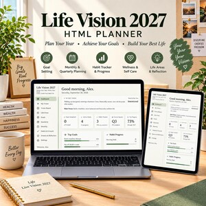 Könnte beinhalten: Ein Life Vision 2027 HTML-Planer auf einem Laptop- und Tablet-Bildschirm mit einem Dashboard für Zielsetzung, Gewohnheitsverfolgung und Wellness. Ein spiralgebundenes Notizbuch, ein goldener Stift und eine Tasse mit Text stehen auf dem Schreibtisch.